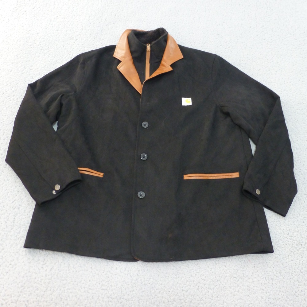 Carhartt Jacket Mens XL Black Faux Suede Chore Coat Brown Leather Trim Zip Bib